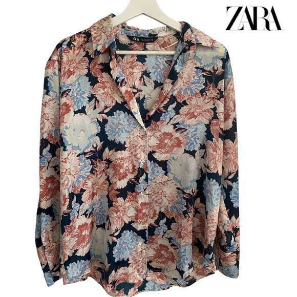 Zara Tops - Zara Women's Button Down Long Sleeve Floral Blouse - Pink and Blue Size S